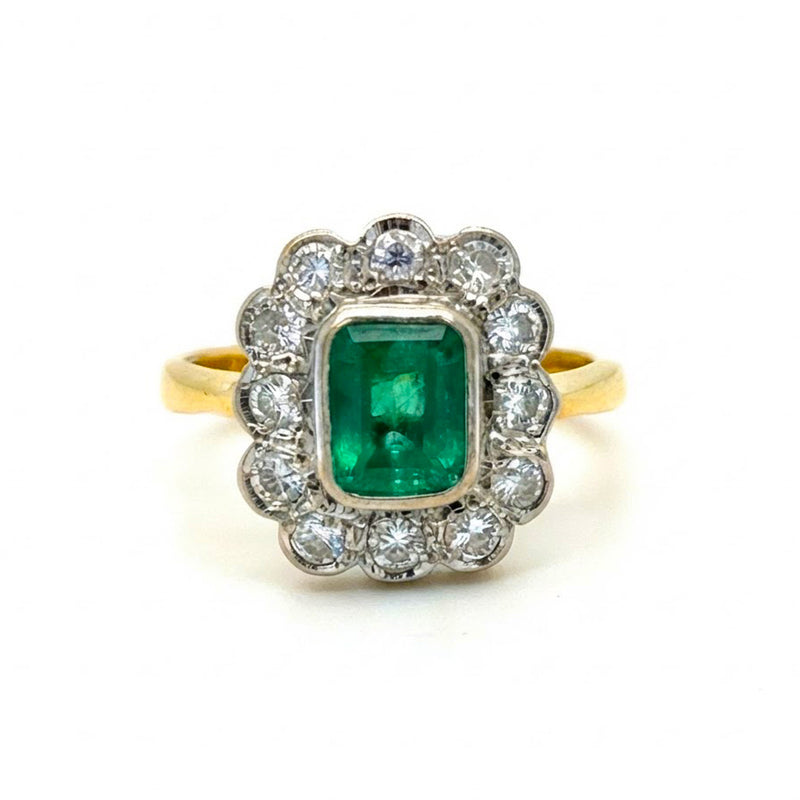 18K 2-Tone Gold Emerald &amp; Diamond Cluster Ring