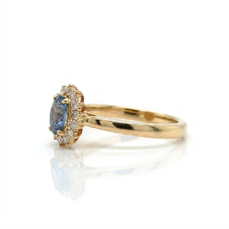 9K Yellow Gold Oval Sapphire &amp; Diamond Halo Ring