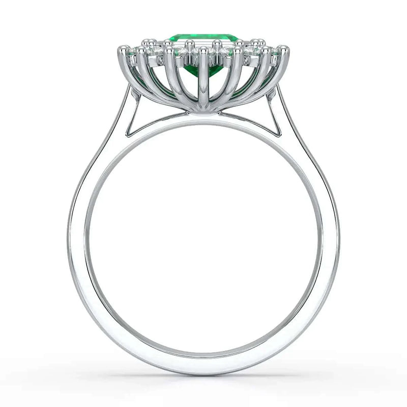  White Gold Diamond Cluster Emerald  Ring  