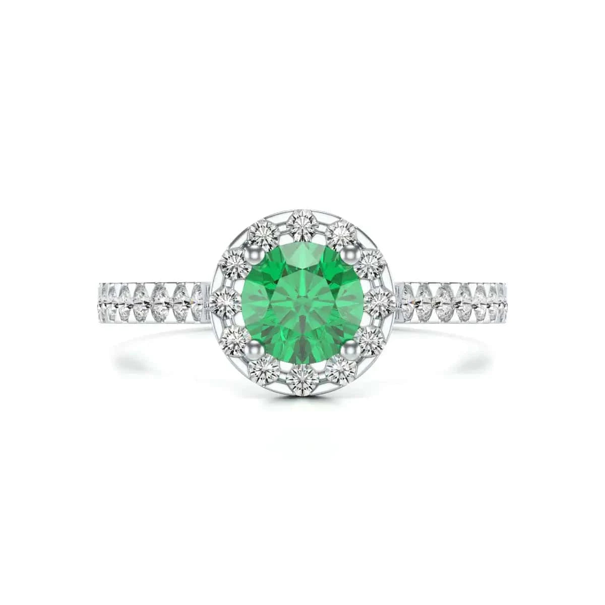 Emerald Engagement Ring- Round Halo Scallop Shoulder Set