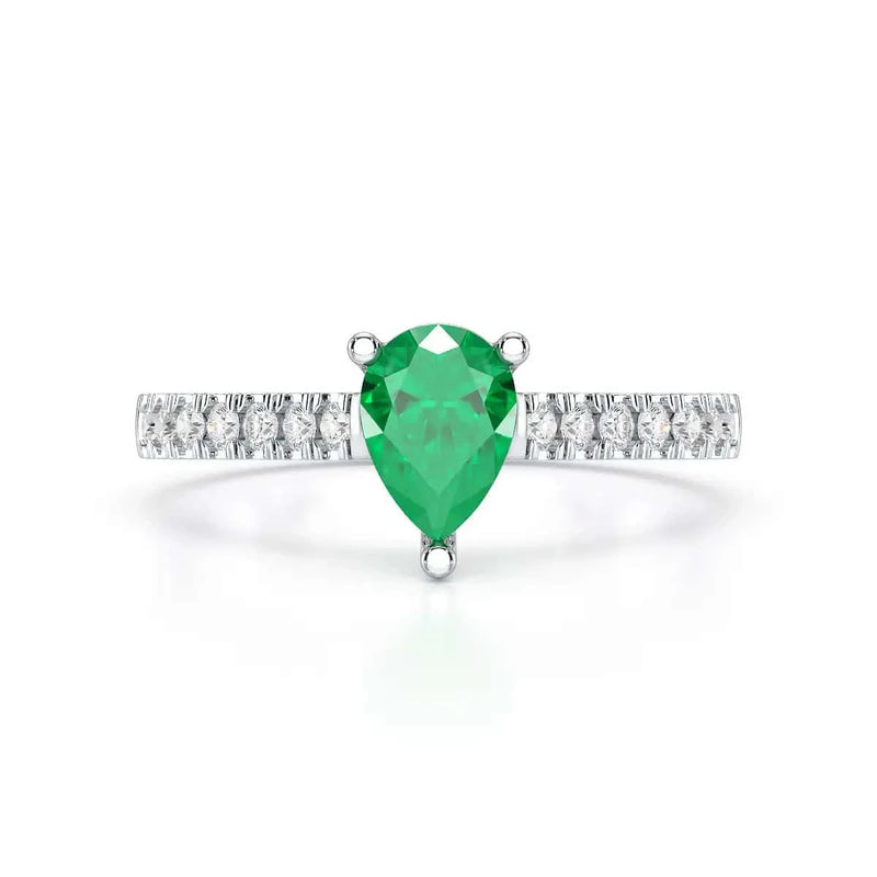 White gold Pear Emerald with Diamond Set Shoulders Engagement Ring