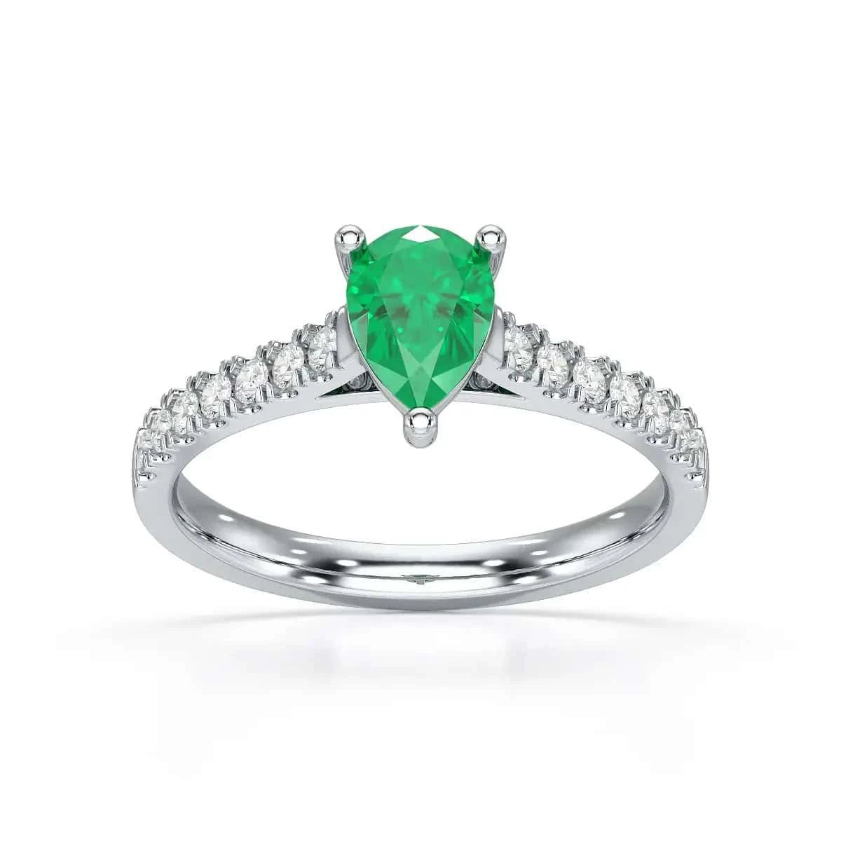 White gold Pear Emerald with Diamond Set Shoulders Ring