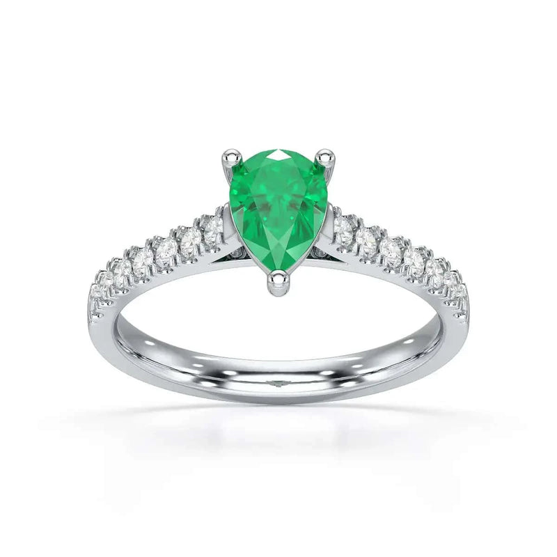 White gold Pear Emerald with Diamond Set Shoulders Ring