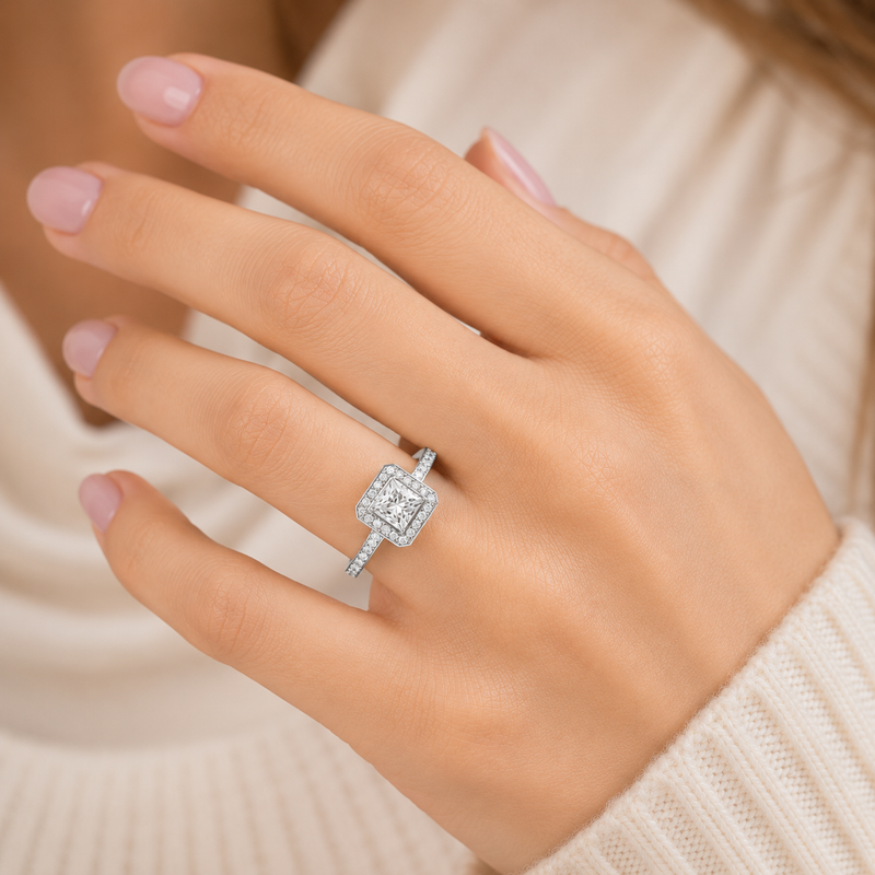 18ct Gold Princess Cut Halo Diamond Engagement Ring - Square Shape with Diamond Shoulders