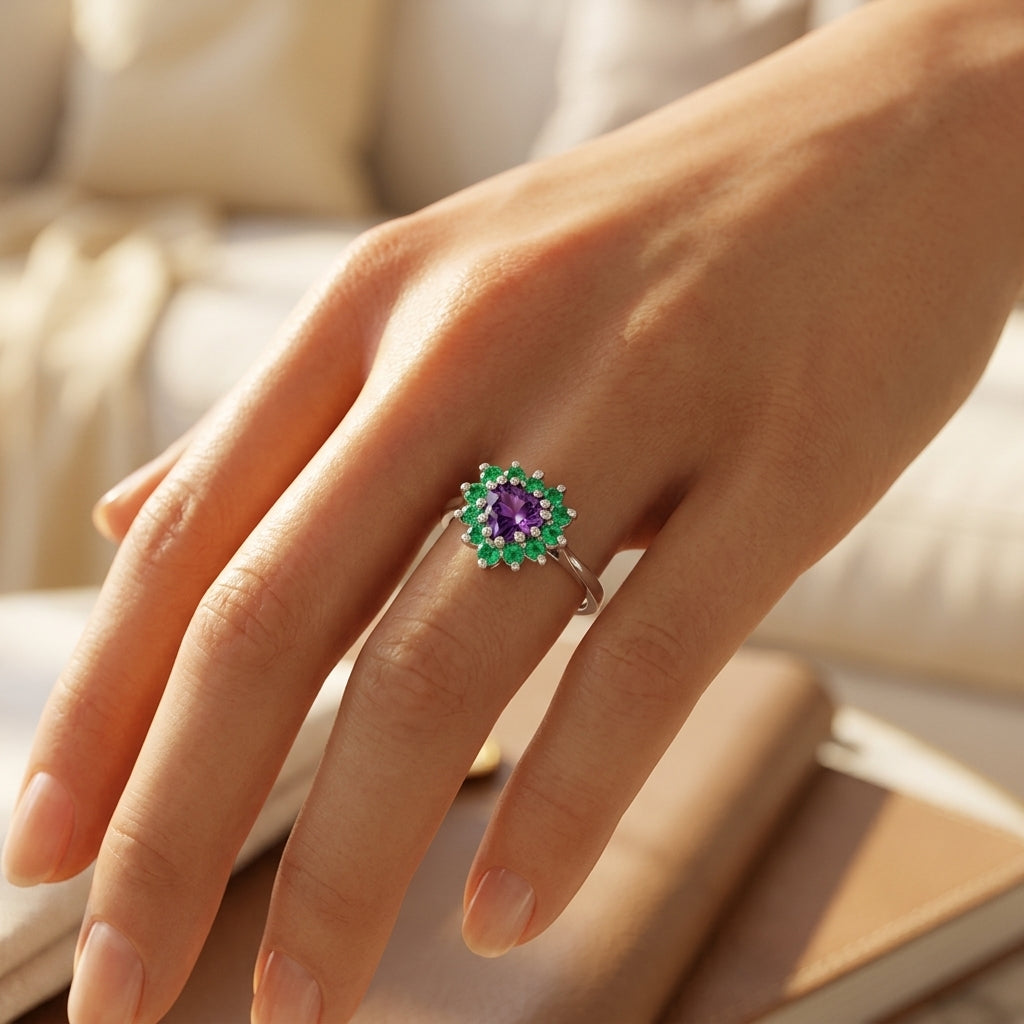 amethyst with emerald dress ring