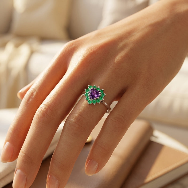 amethyst with emerald dress ring