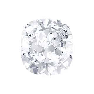 A cushion-cut diamond with visibleFacets and a shiny surface reflecting light.
