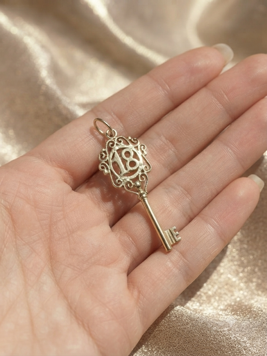 9K Yellow Gold Vintage 18th Birthday Key Pendant Charm