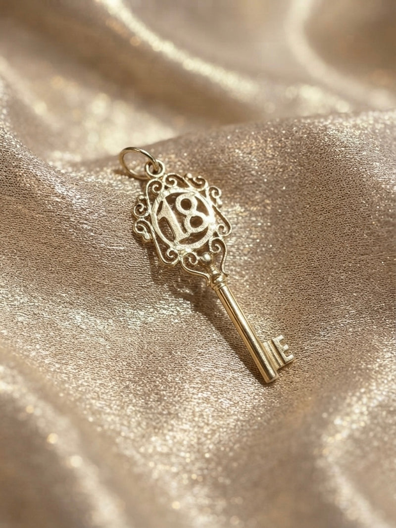 9K Yellow Gold Vintage 18th Birthday Key Pendant Charm