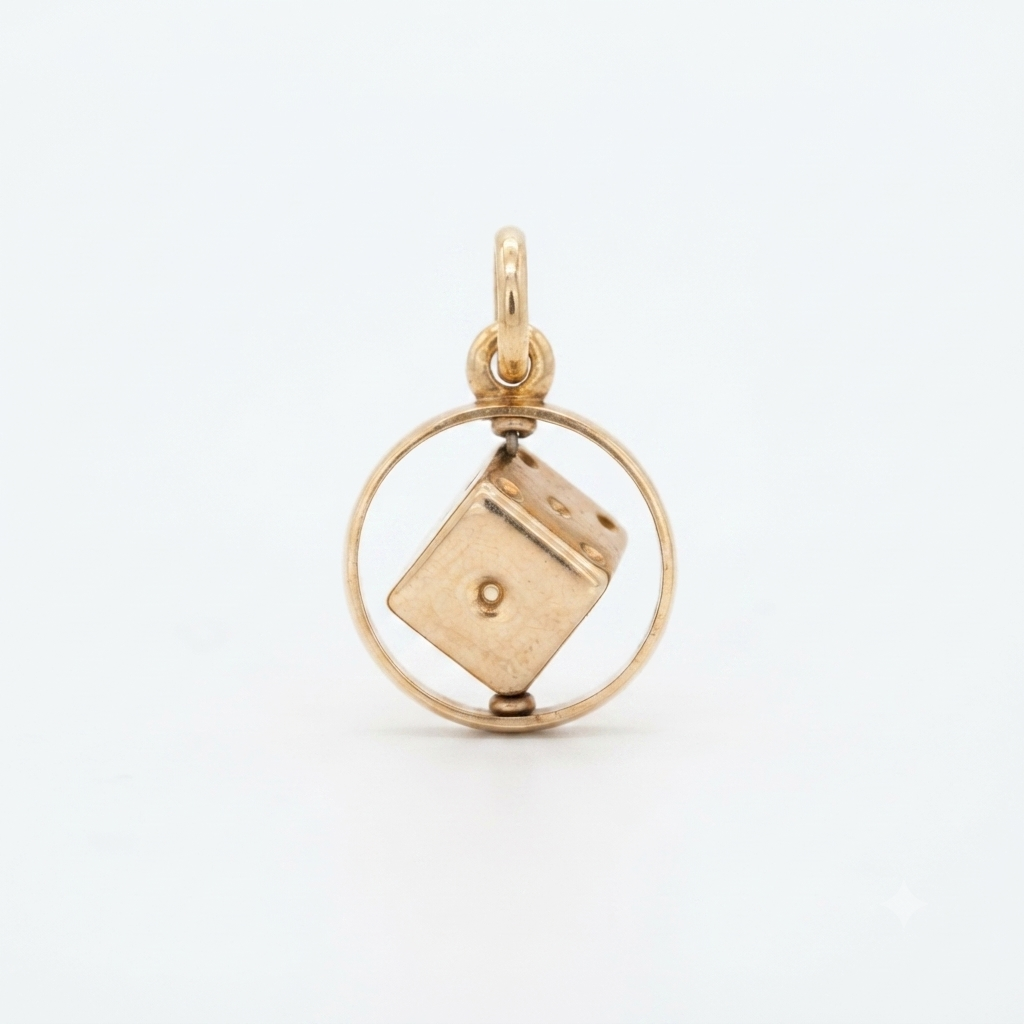 9K Yellow Gold Vintage Spinning Dice Frame Pendant Charm