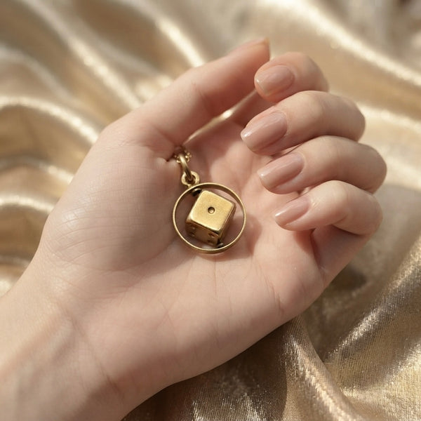 9K Yellow Gold Vintage Spinning Dice Frame Pendant Charm