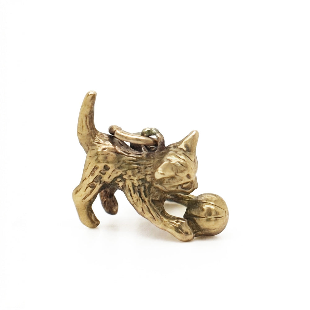 9K Yellow Gold Vintage Playful Kitten with Ball Charm Pendant