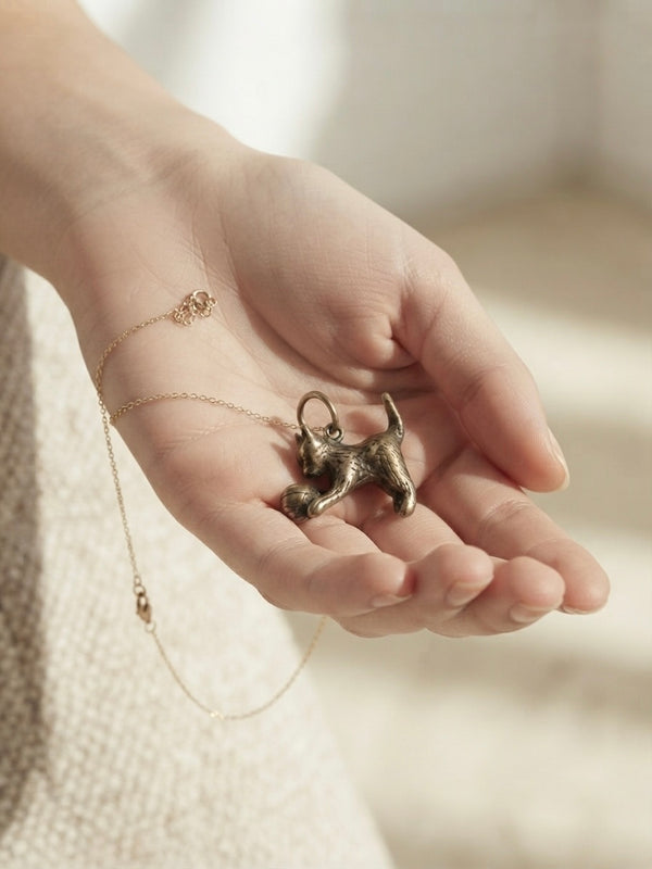 9K Yellow Gold Vintage Playful Kitten with Ball Charm Pendant