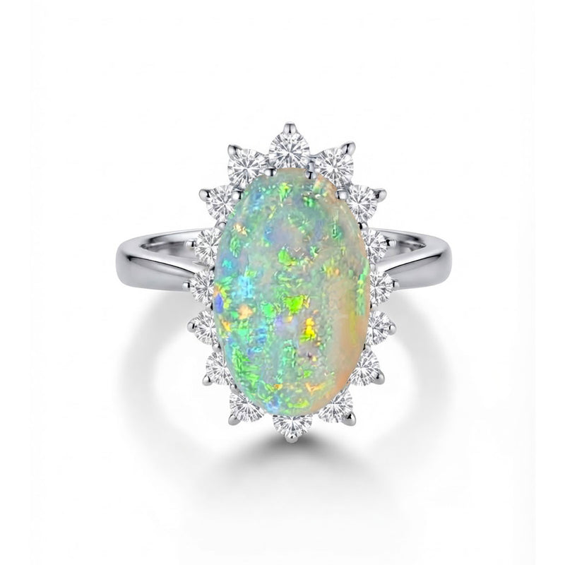 Platinum Exquisite Oval Opal &amp; 1ct Diamond Halo Ring