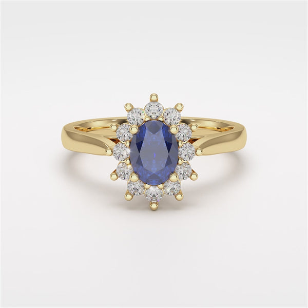 Oval Shape Blue Sapphire Engagement Ring - Diamond Halo Cluster in 18ct Gold and Platinum- Princess Diana Inspired