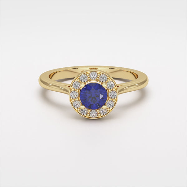 Round Blue Sapphire Diamond Cluster Halo Ring