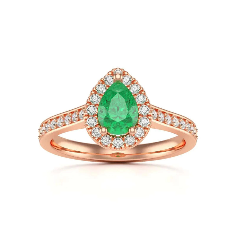 rose Gold Diamond Halo Emerald Engagement Ring - Pear Shape