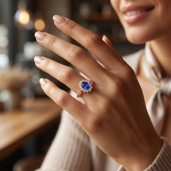 Oval Shape Blue Sapphire Engagement Ring - Diamond Halo Cluster in 18ct Gold and Platinum- Princess Diana Inspired