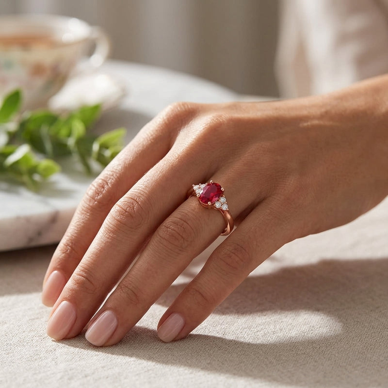 Diamond Trefoil Oval Shape Ruby Engagement Ring in 18ct Gold and Platinum