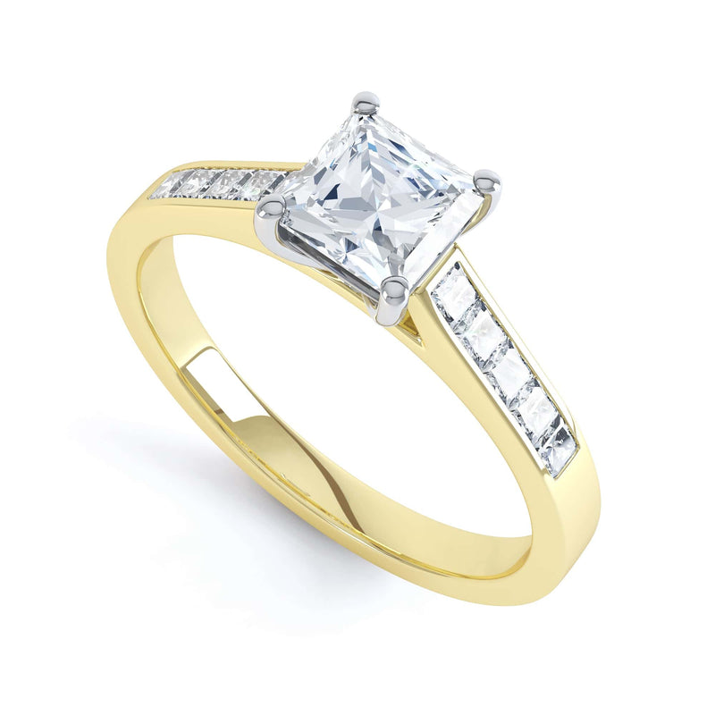 Princess Shaped Solitaire With Princess Diamonds Set Shoulders