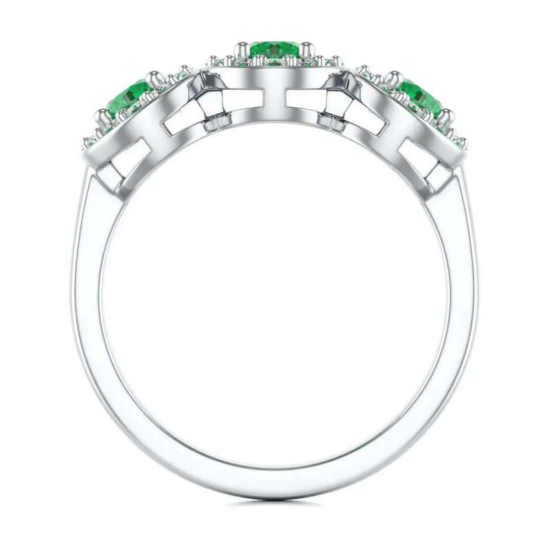  white Gold Diamond Halo 3 Emeralds Ring 