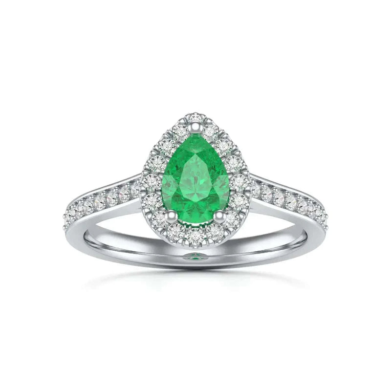 white Gold Diamond Halo Emerald Engagement Ring - Pear Shape