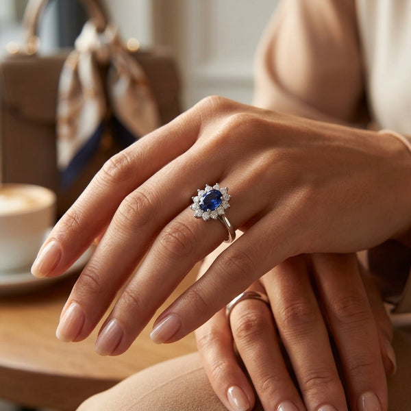 Oval Shape Blue Sapphire Engagement Ring - Diamond Halo Cluster in 18ct Gold and Platinum- Princess Diana Inspired