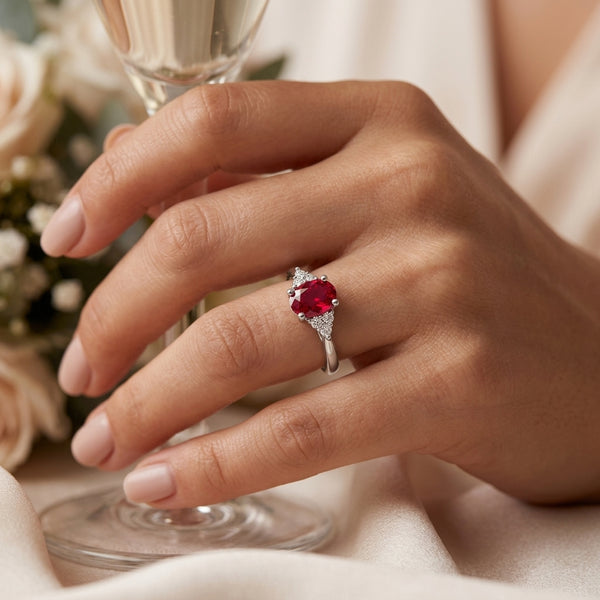 Diamond Trefoil Oval Shape Ruby Engagement Ring in 18ct Gold and Platinum