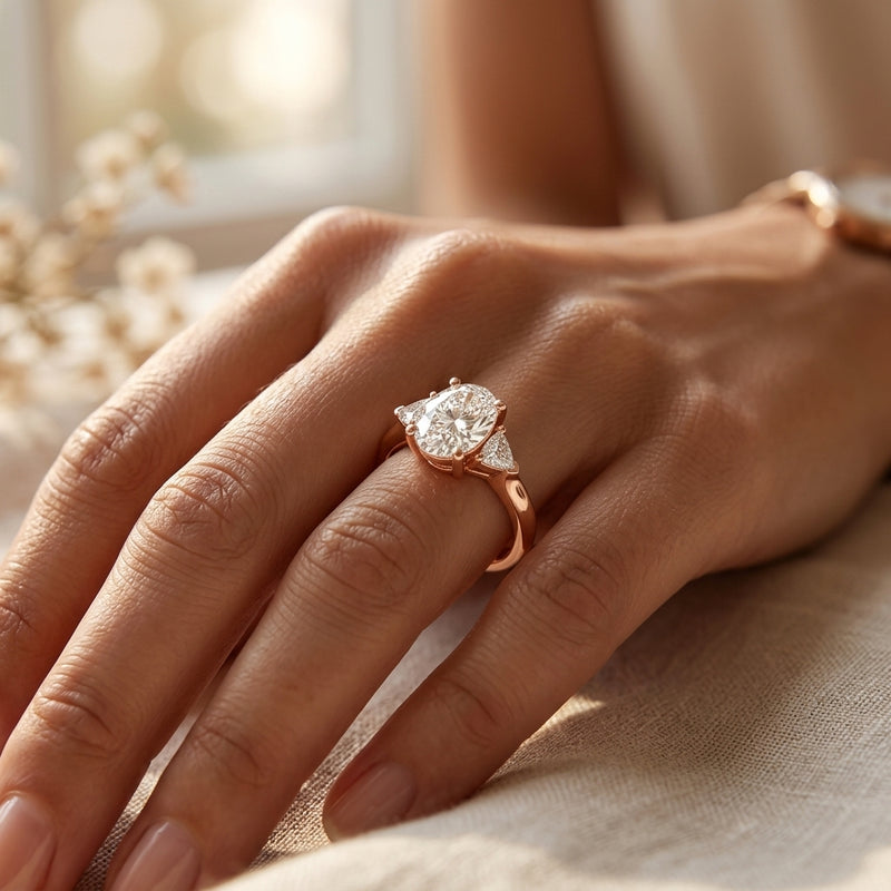 Oval Diamond Trilogy Engagement Ring with Trillion side stone