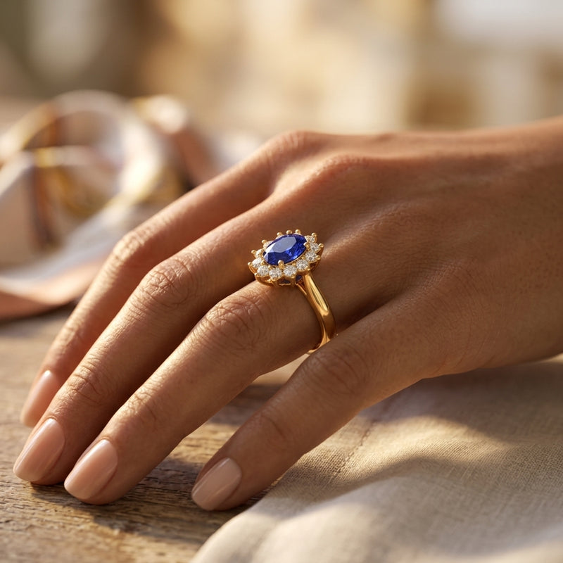 Oval Shape Blue Sapphire Engagement Ring - Diamond Halo Cluster in 18ct Gold and Platinum- Princess Diana Inspired