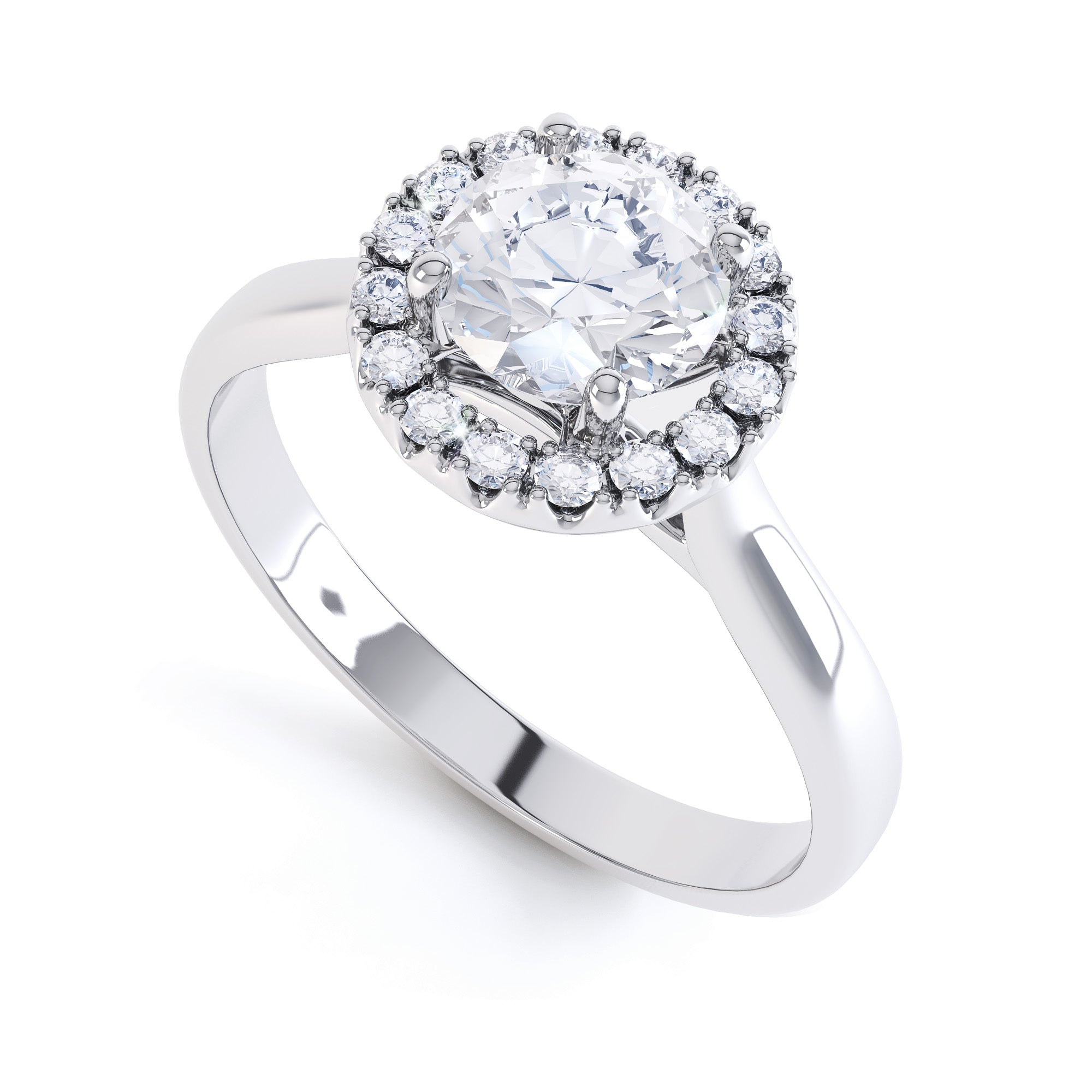 Round Brilliant Cut Centre Stone, Four Claw, Halo, Diamond Engagement Ring