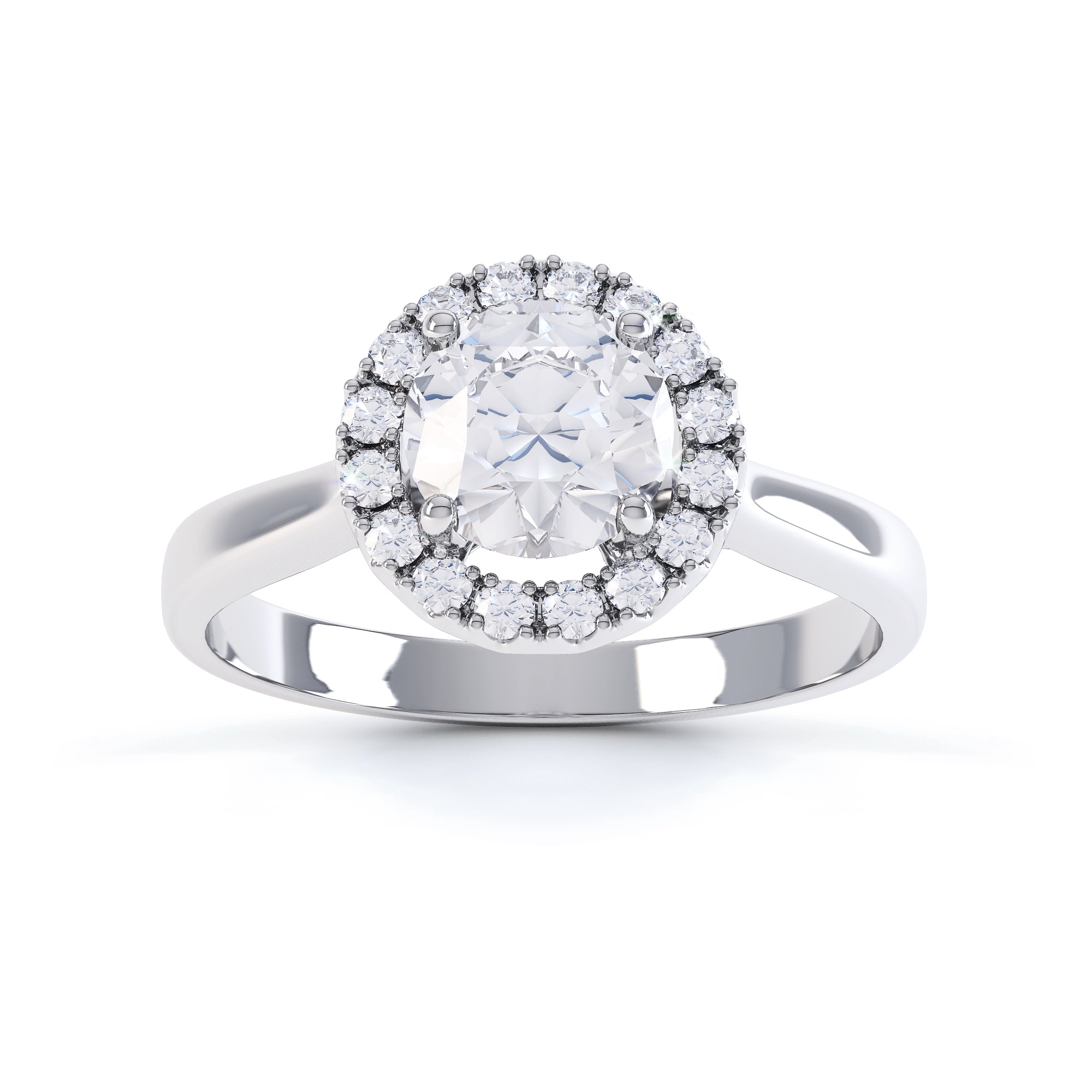 Round Brilliant Cut Centre Stone, Four Claw, Halo, Diamond Engagement Ring