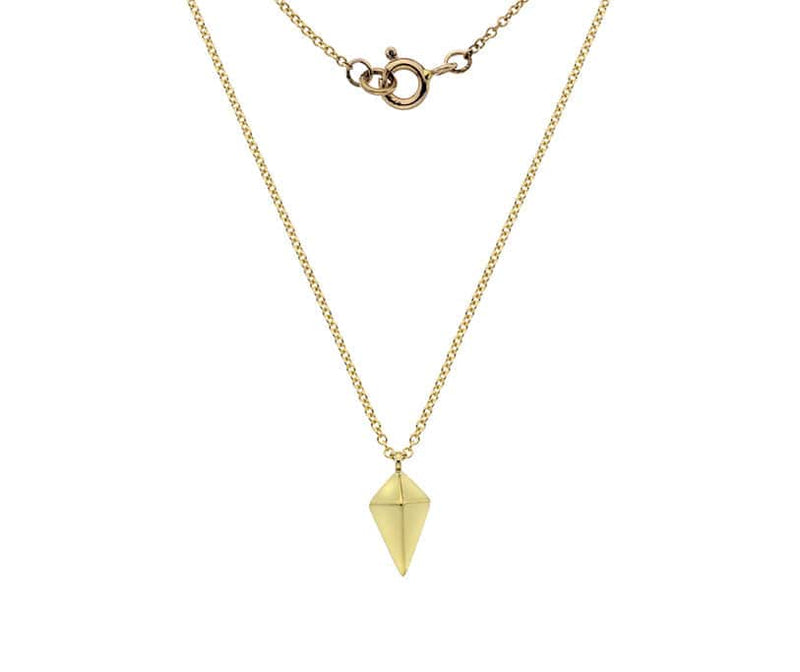 A 9ct yellow gold kite-shaped pendant on a fine chain necklace.