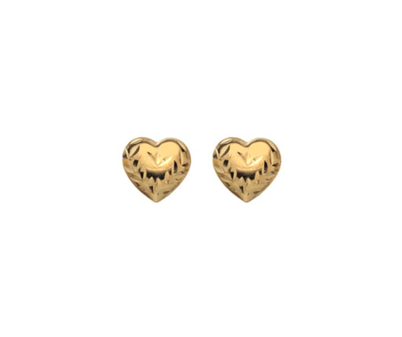 9ct Yellow Gold Patterned Heart Stud Earrings