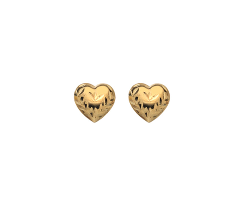 9ct Yellow Gold Patterened Heart Stud Earrings