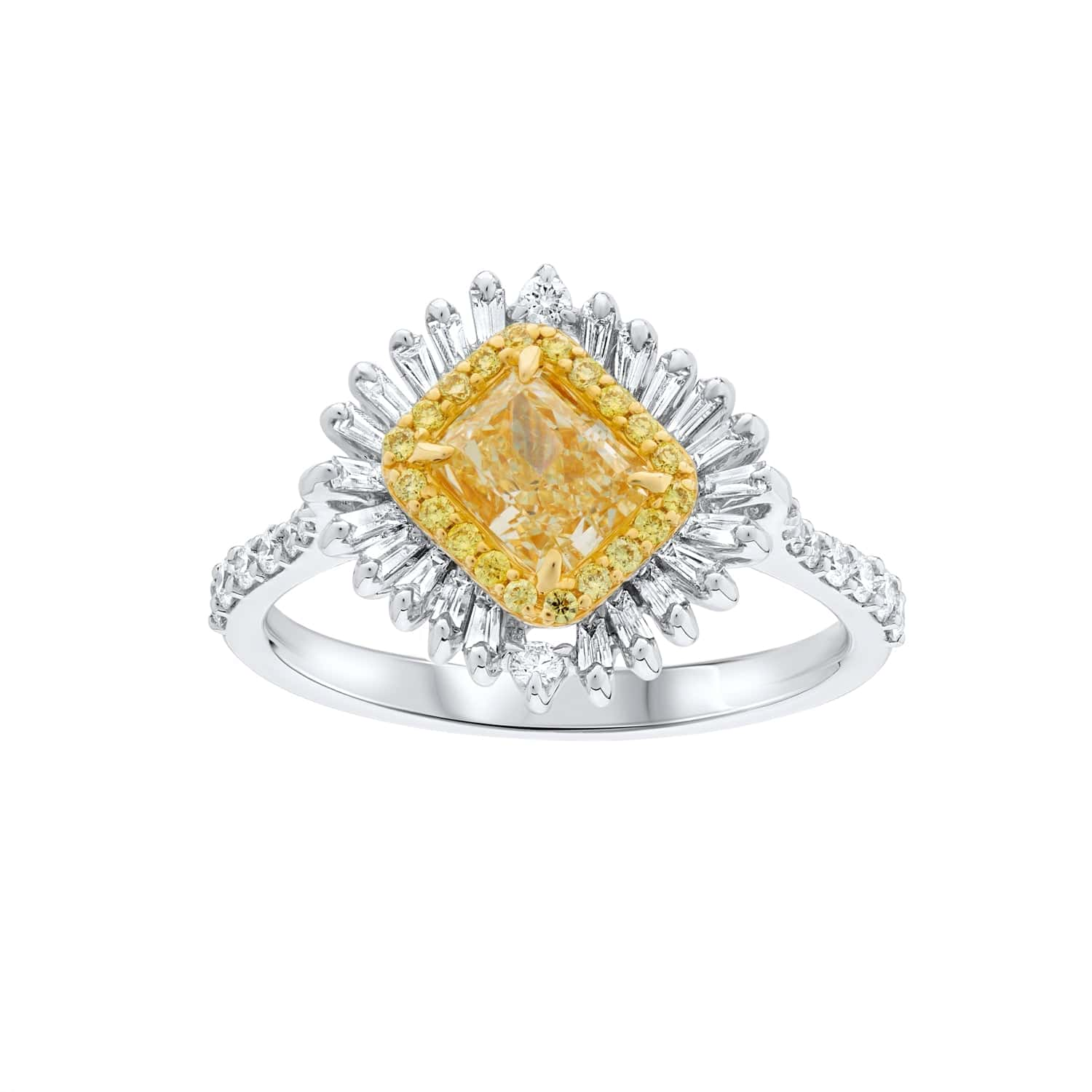 Yellow Diamond Flower Cocktail Dress Ring With Diamond Set Shoulders