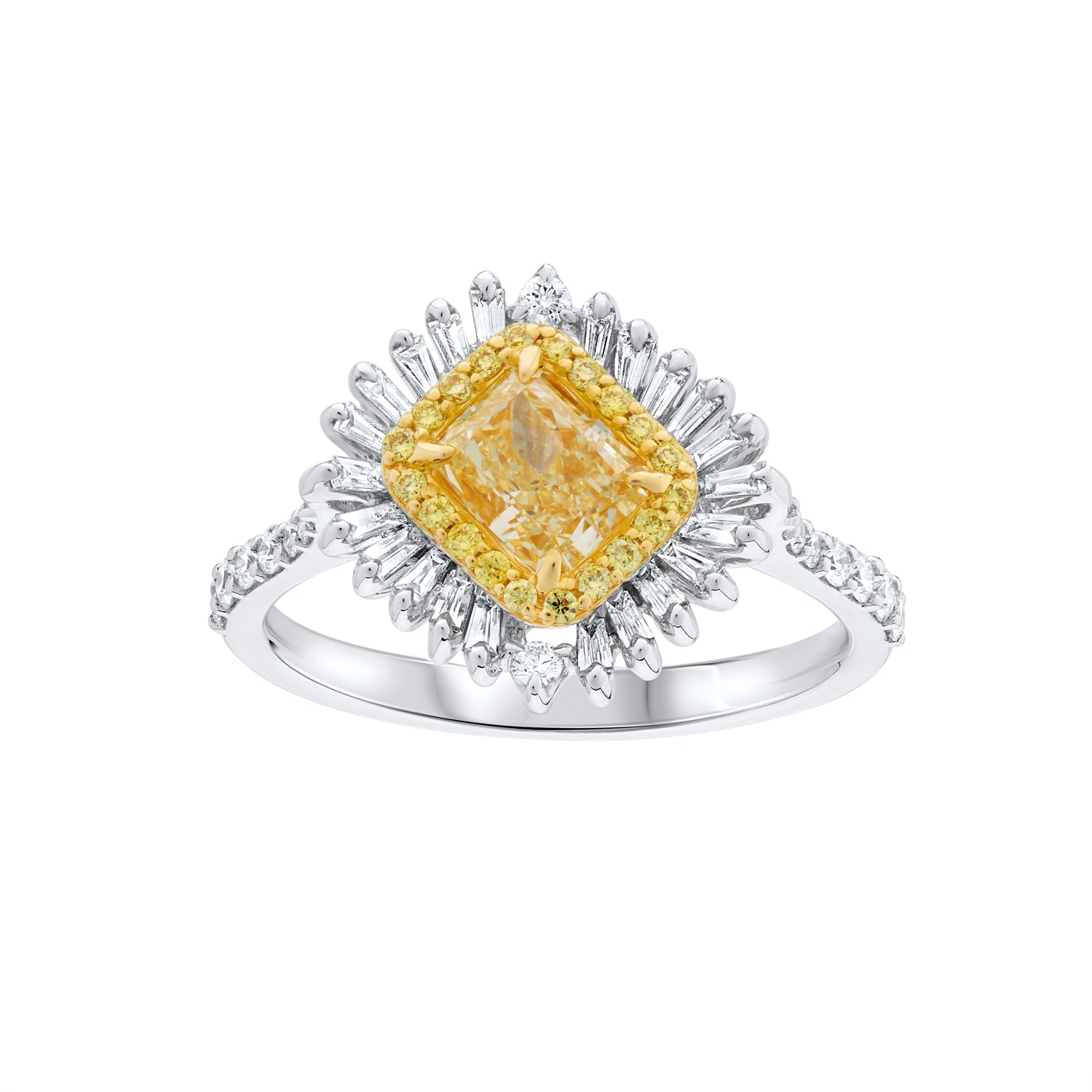 Yellow Diamond Flower Cocktail Dress Ring With Diamond Set Shoulders