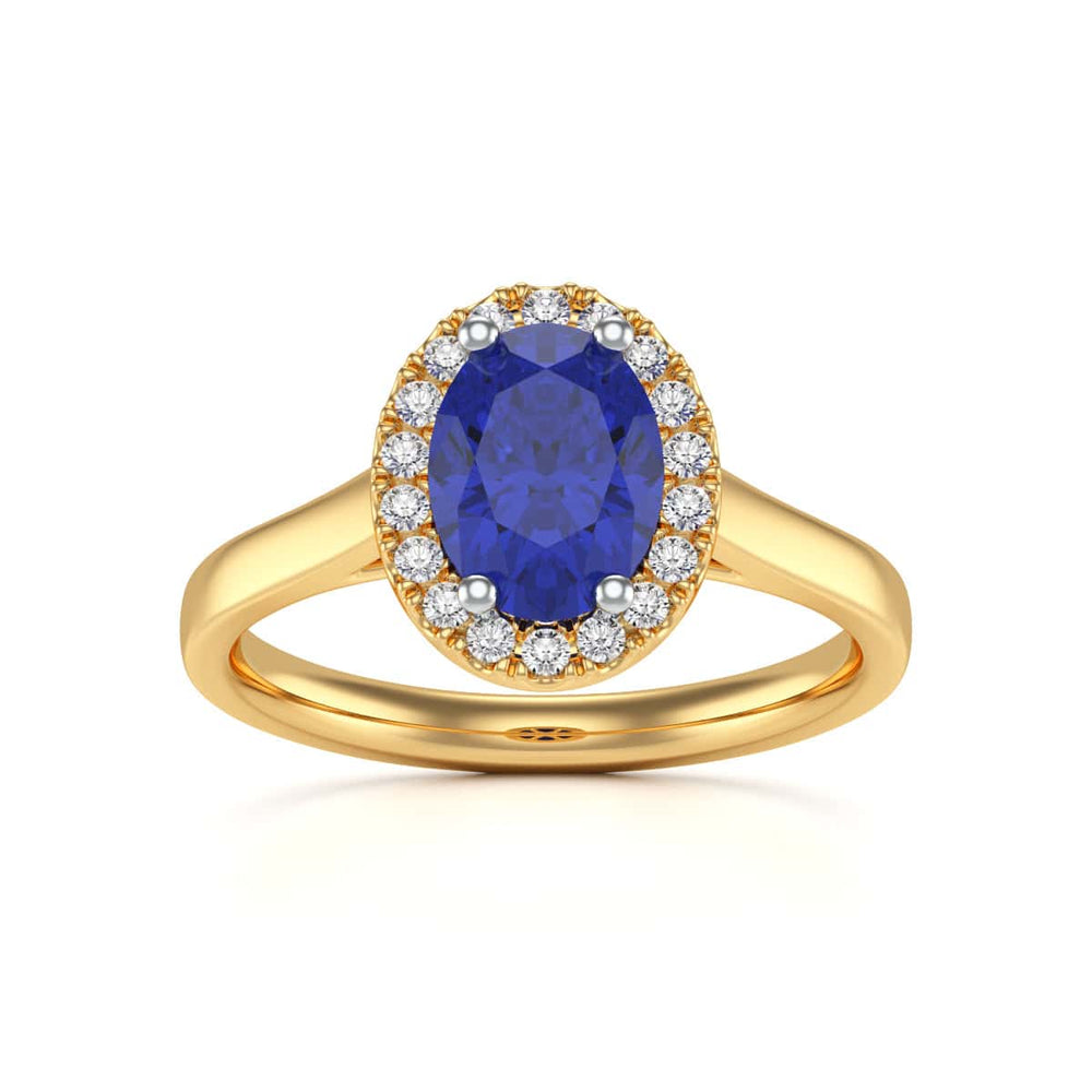 Diamond Halo Oval Shape Blue Sapphire Engagement Ring in 18ct Gold and Platinum