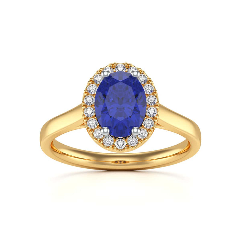 Diamond Halo Oval Shape Blue Sapphire Engagement Ring in 18ct Gold and Platinum