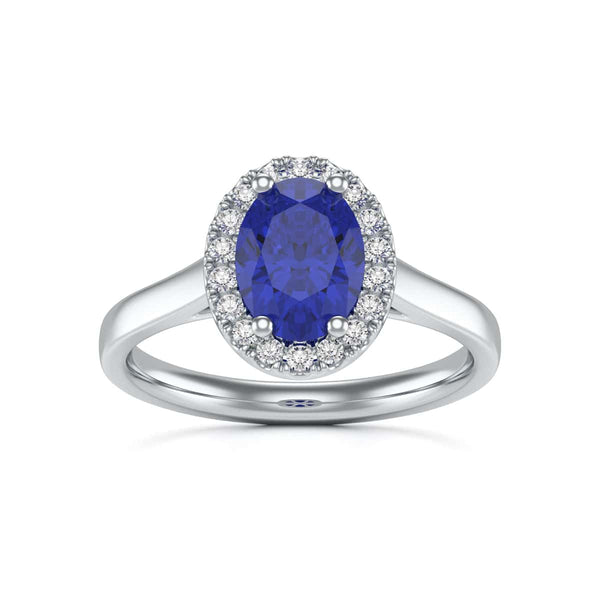Diamond Halo Oval Shape Blue Sapphire Engagement Ring in 18ct Gold and Platinum