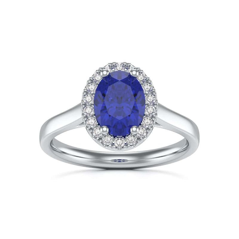 Diamond Halo Oval Shape Blue Sapphire Engagement Ring in 18ct Gold and Platinum