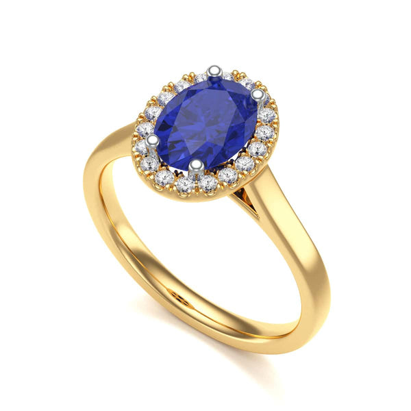 Diamond Halo Oval Shape Blue Sapphire Engagement Ring in 18ct Gold and Platinum