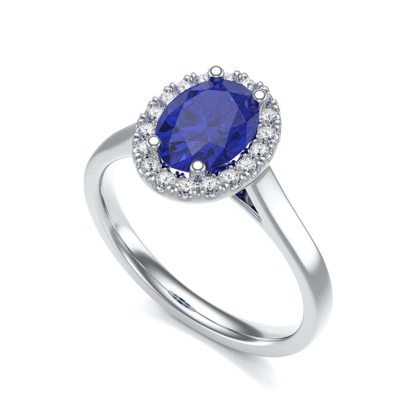Diamond Halo Oval Shape Blue Sapphire Engagement Ring in 18ct Gold and Platinum