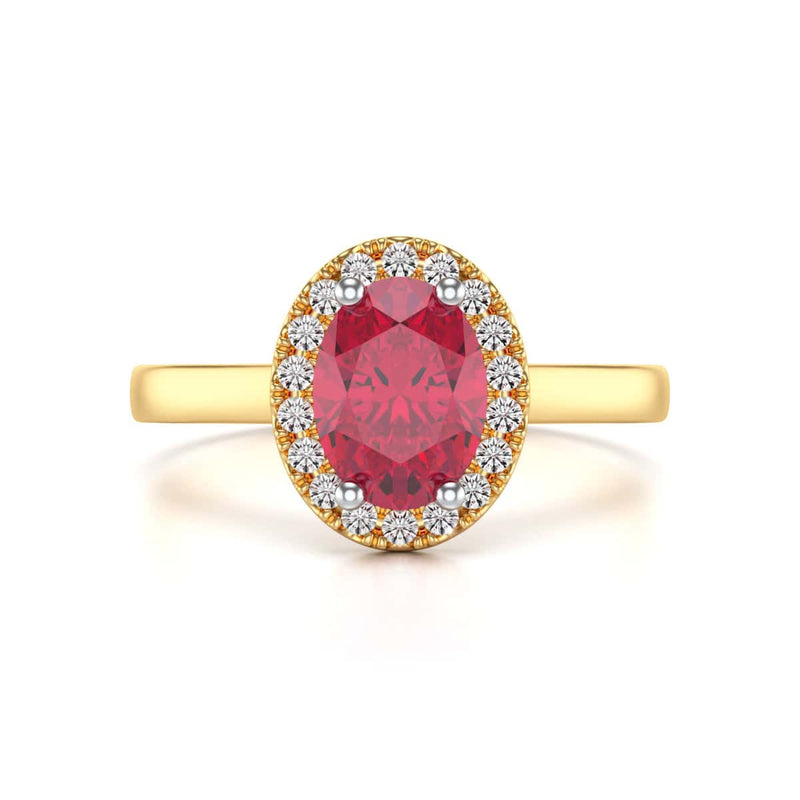 Diamond Halo Ruby Engagement Ring - Oval Shape in 18ct Gold and Platinum