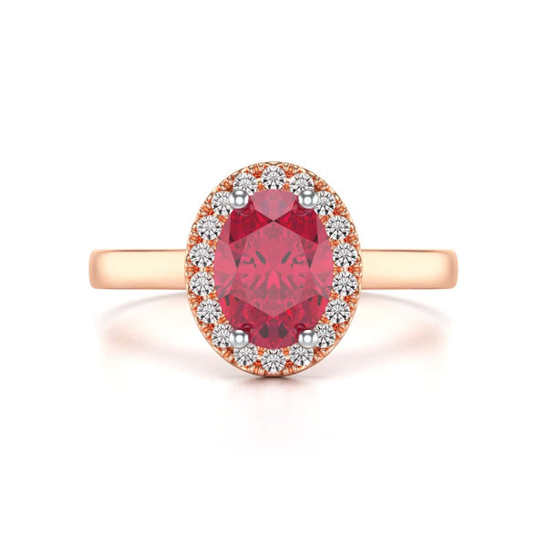 Diamond Halo Ruby Engagement Ring - Oval Shape in 18ct Gold and Platinum