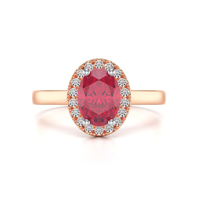Diamond Halo Ruby Engagement Ring - Oval Shape in 18ct Gold and Platinum