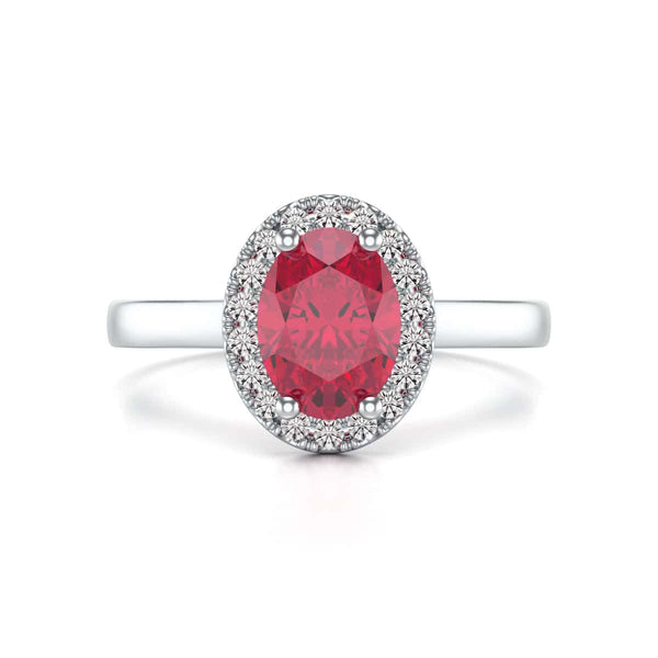 Diamond Halo Ruby Engagement Ring - Oval Shape in 18ct Gold and Platinum