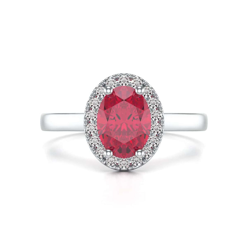 Diamond Halo Ruby Engagement Ring - Oval Shape in 18ct Gold and Platinum