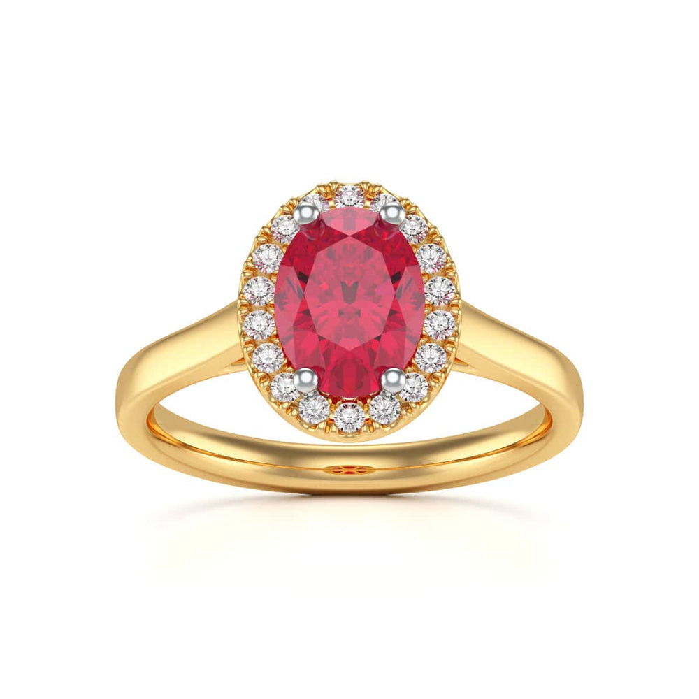 Diamond Halo Ruby Engagement Ring - Oval Shape in 18ct Gold and Platinum