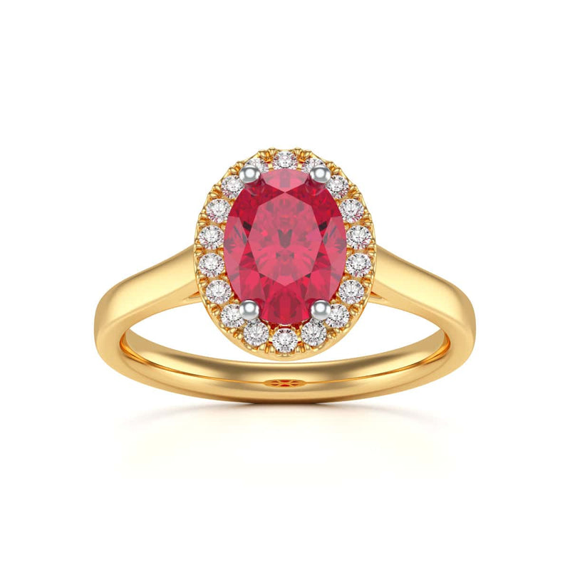 Diamond Halo Ruby Engagement Ring - Oval Shape in 18ct Gold and Platinum